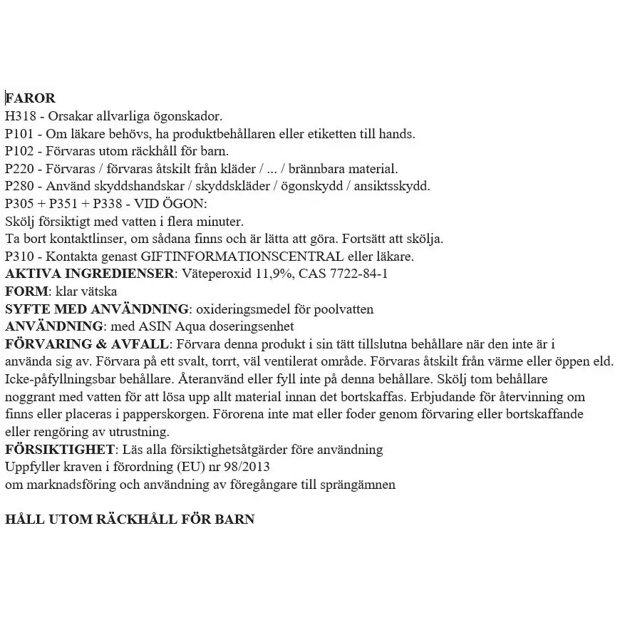 Fåror H318 poolklor med aktivt syre i flytande form, Aseko Oxy 20L