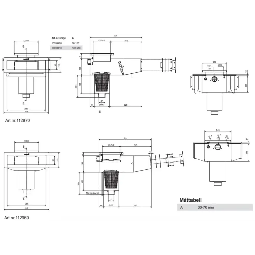 Teknisk ritning av Pahlen Bräddavlopp Classic Wide 385 med vyer och mått