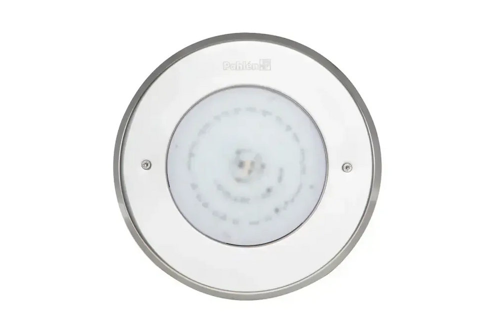 Cirkulär infälld LED-armatur i rostfritt syrafast stål med Pahlen-logo
