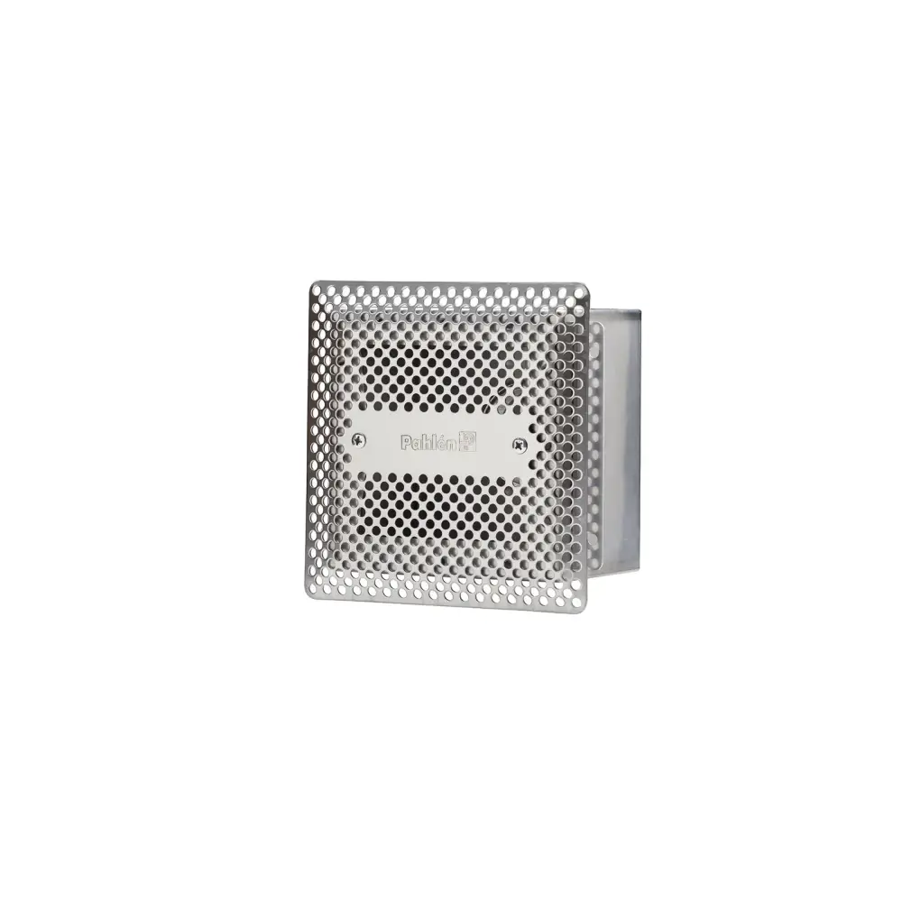 Silvrig perforerad rostfritt syrafast stål vägg- och bottenutlopp Pahlen med Pahlke-logo