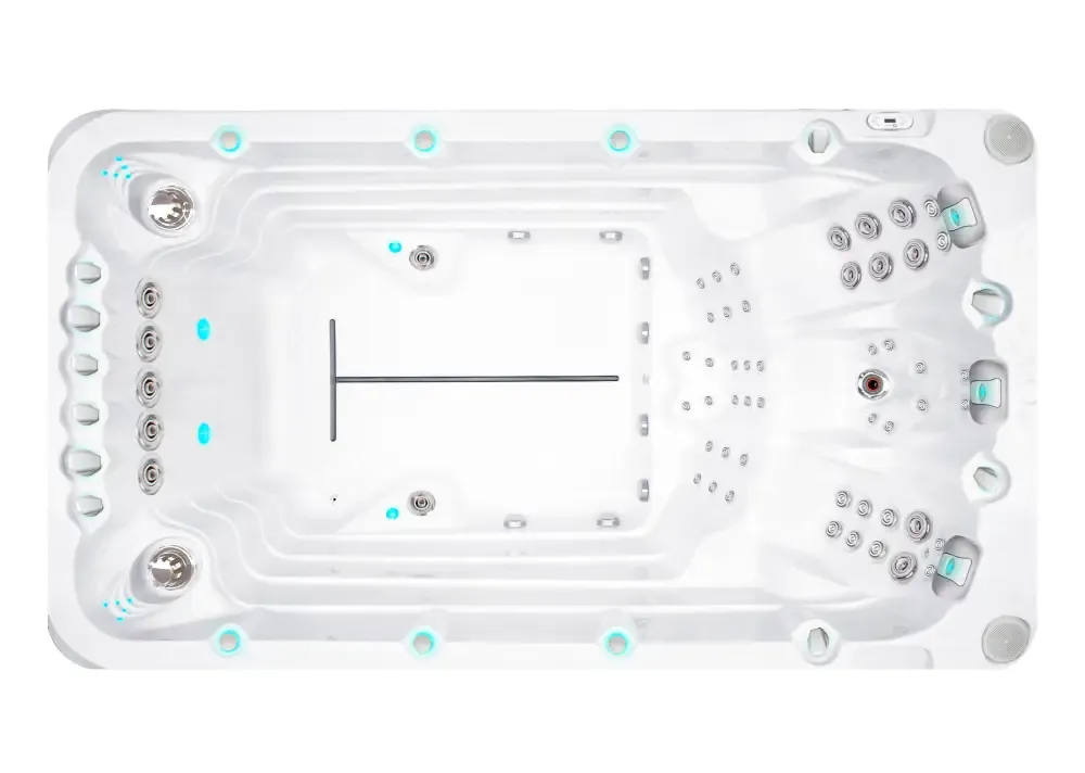 Vit PassionSpa Activity 1 Deep Swim Spa med vit bad, silver strålar och turkos belysning