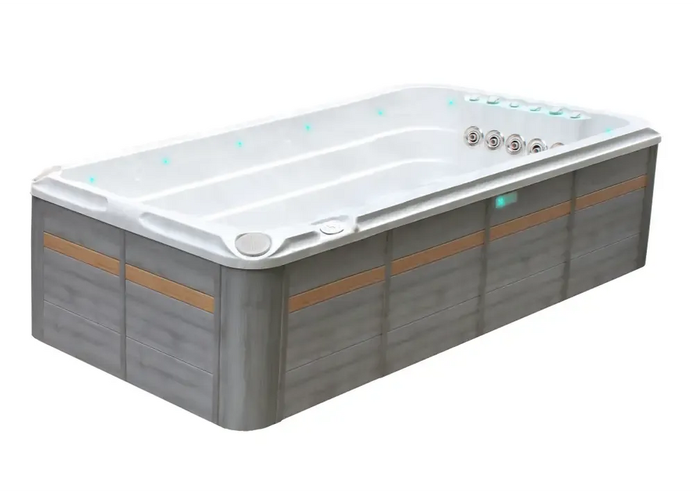 Modern PassionSpa Activity 2 Deep Swim Spa med vit insida, grå träpaneler, tan ränder och blå LED-ljus