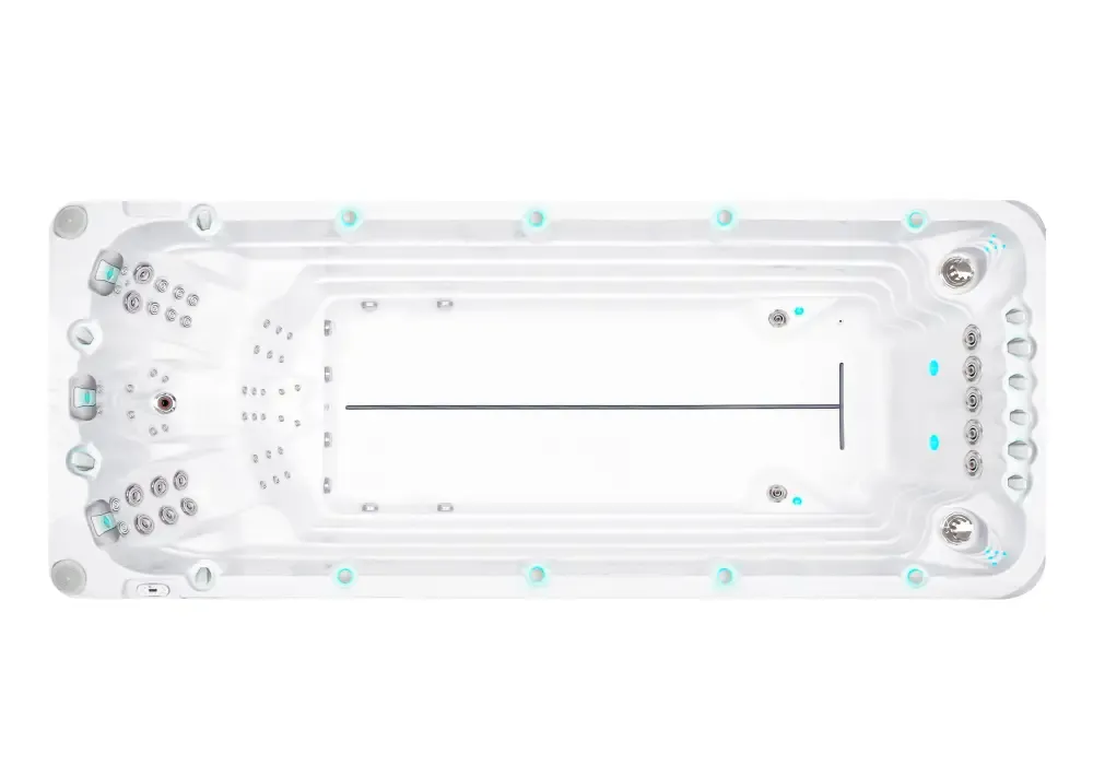 Vit PassionSpa Activity 2 Swim Spa i Sport Collection, vit rektangulär med turkosa lampor och silvermunstycken