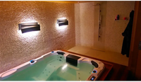 Vit PassionSpa Aquatic 1 Swim Spa med vit bad, svarta accenter och blå LED-belysning