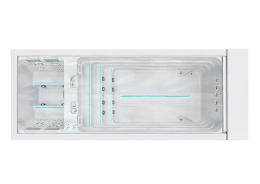 Modern vitvar PassionSpa Balance Swim Spa med integrerade säten och turkos belysning