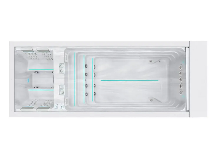 Modern vitvar PassionSpa Balance Swim Spa med integrerade säten och turkos belysning