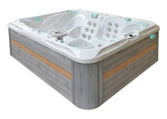 PassionSpa Desire Signature vitvarmbad med grå träpaneler blå lysen