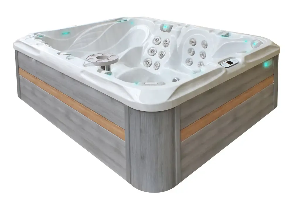 PassionSpa Desire Signature vitvarmbad med grå träpaneler blå lysen