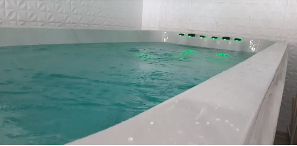 Vit PassionSpa Dynamic Deep Swim Spa med vit bad med gröna LED-ljus