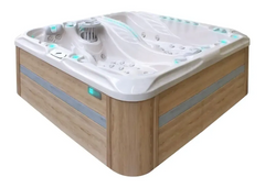 PassionSpa Euphoria Mighty Wave med vit akryl, ljus träpanel och turkosa LED