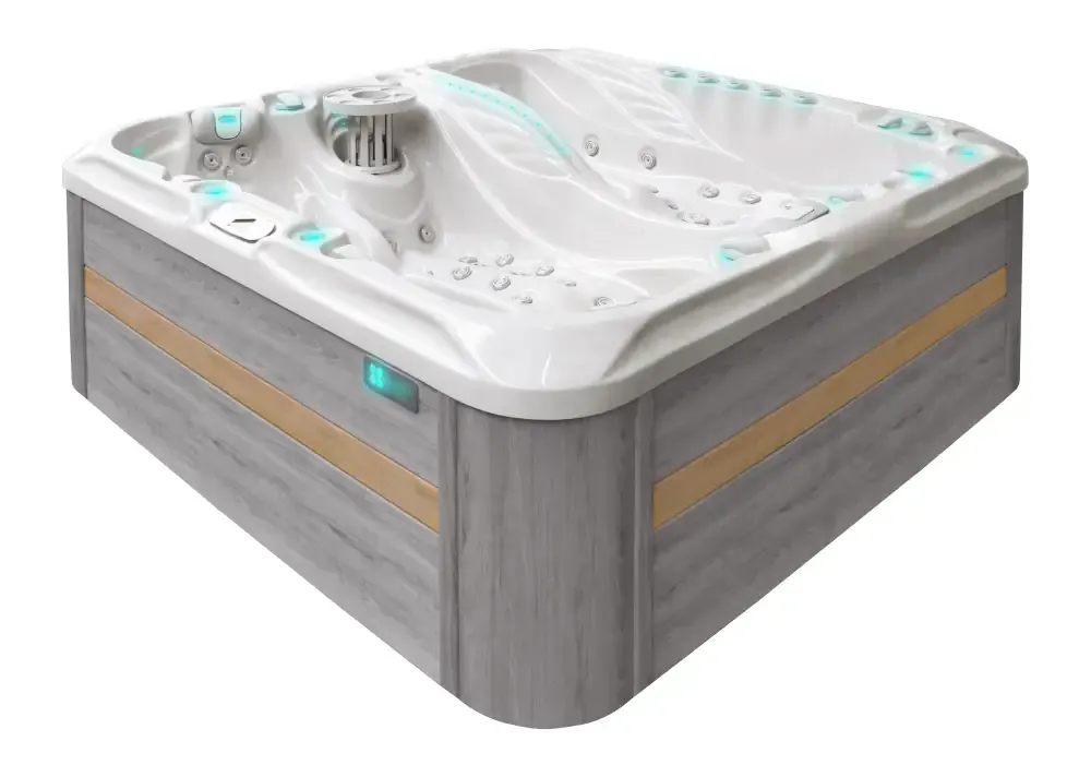 Vit PassionSpa Euphoria Mighty Wave Spabad med vit bad, grå träpaneler och ljusblå LED-list