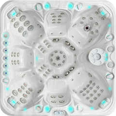Vit PassionSpa Excite Mighty Wave spabad med vita sittplatser, silverjets och blå LED-ljus