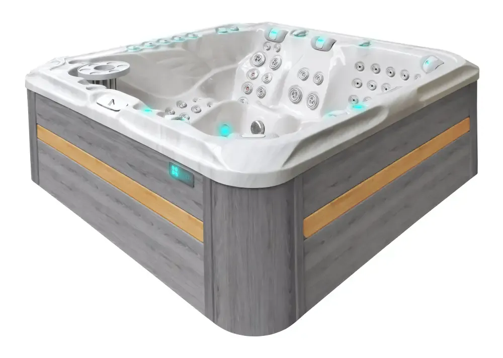 Grå och beige träimitation PassionSpa Exhilarate Mighty Wave spabad med blåljus