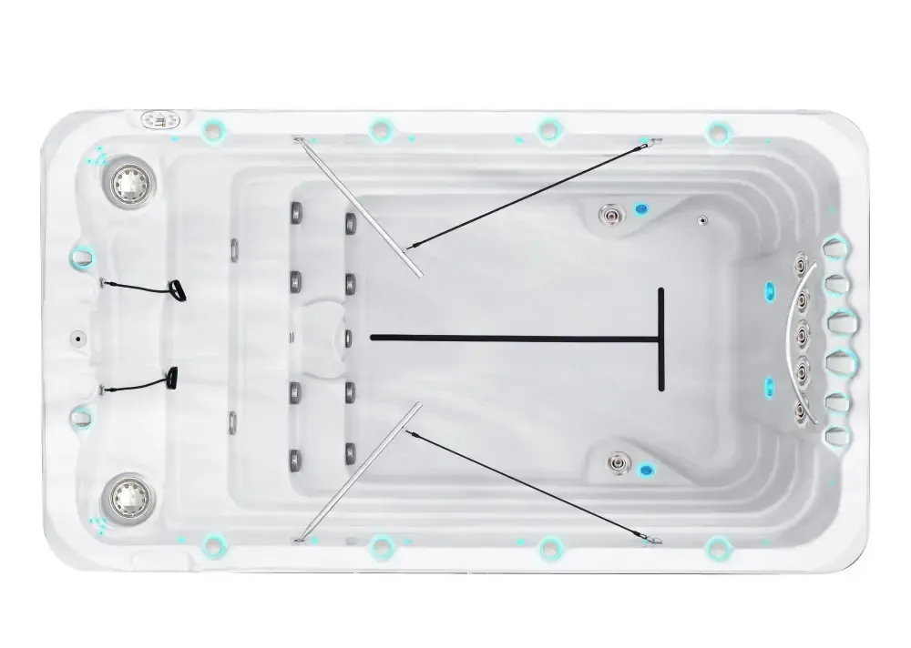 Vit PassionSpa Fitness 1 Deep Swim Spa med vit rektangulär form, blå LED-belysning och svarta interiördetaljer