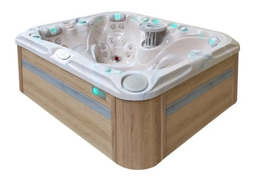 PassionSpa Happy Spabad Signature Collection i beige och vit med träpanel och teal LED