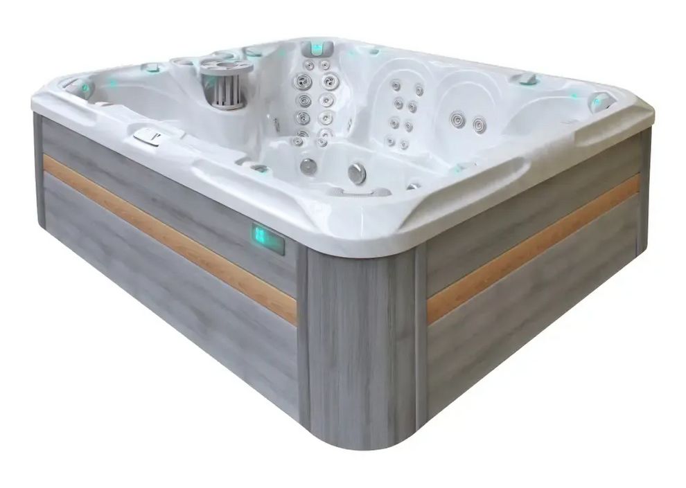Modern PassionSpa Harmony Spabad med grå trädetaljer, vita jetstrålar och turkosa lampor