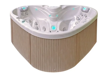 PassionSpa Heart Spabad med vit interiör, ljus träpanel och blå LED-belysning vid jetstrålarna