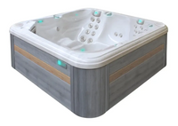 Modern PassionSpa Reflect Spabad med grå trädetaljer, vita jetmunstycken och teal-belysning