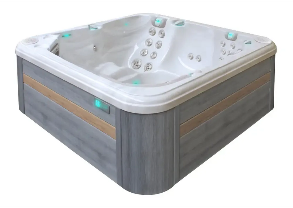 Modern PassionSpa Reflect Spabad med grå trädetaljer, vita jetmunstycken och teal-belysning