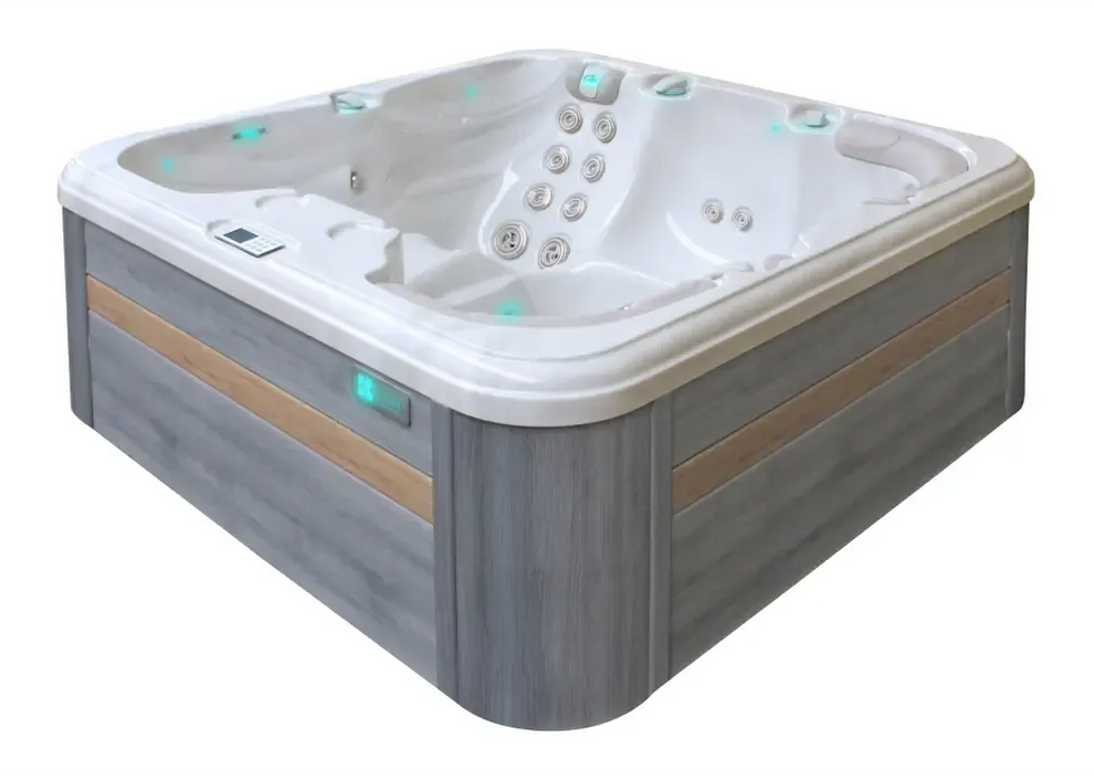 Modern PassionSpa Refresh Spabad med grå trädetaljer vit insida blåljus