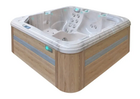 Modern PassionSpa Relax Spabad med ljus träutsida, vit insida, jetmunstycken och blå LED-belysning