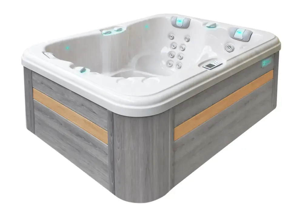 Vitvarm PassionSpa Renew Spabad Pure Collection med grå träpaneler och jetstrålar