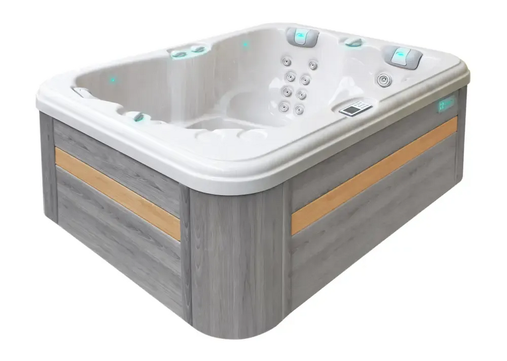 Vitvarm PassionSpa Renew Spabad Pure Collection med grå träpaneler och jetstrålar