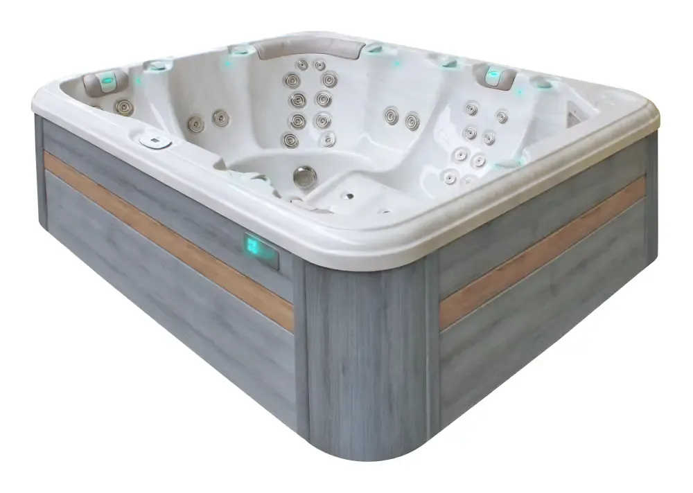 Modern grå och träimitation jacuzzi med vita jetmunstycken, PassionSpa Repose Spabad