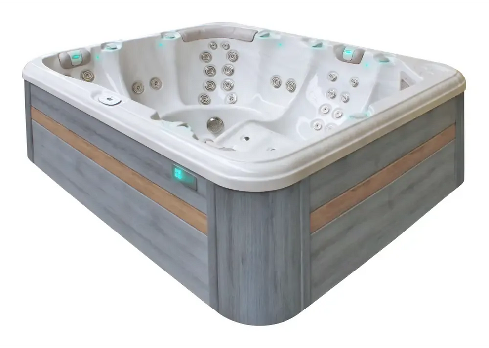 Modern grå och träimitation jacuzzi med vita jetmunstycken, PassionSpa Repose Spabad