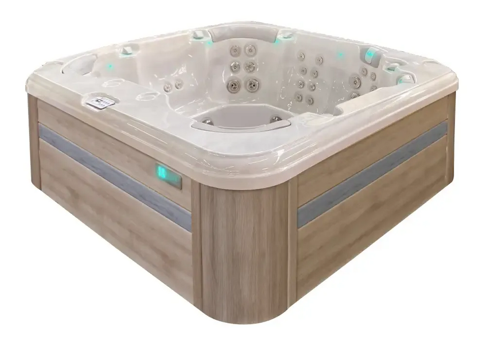 Modern beige PassionSpa Resettle Spabad med träpaneler och LED-belysning