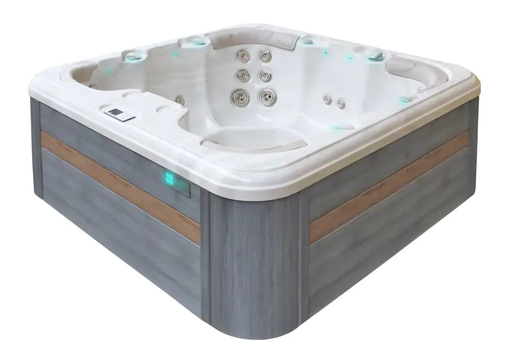 Modern PassionSpa Rewind Spabad med grå trädetaljer vit interiör blåljus