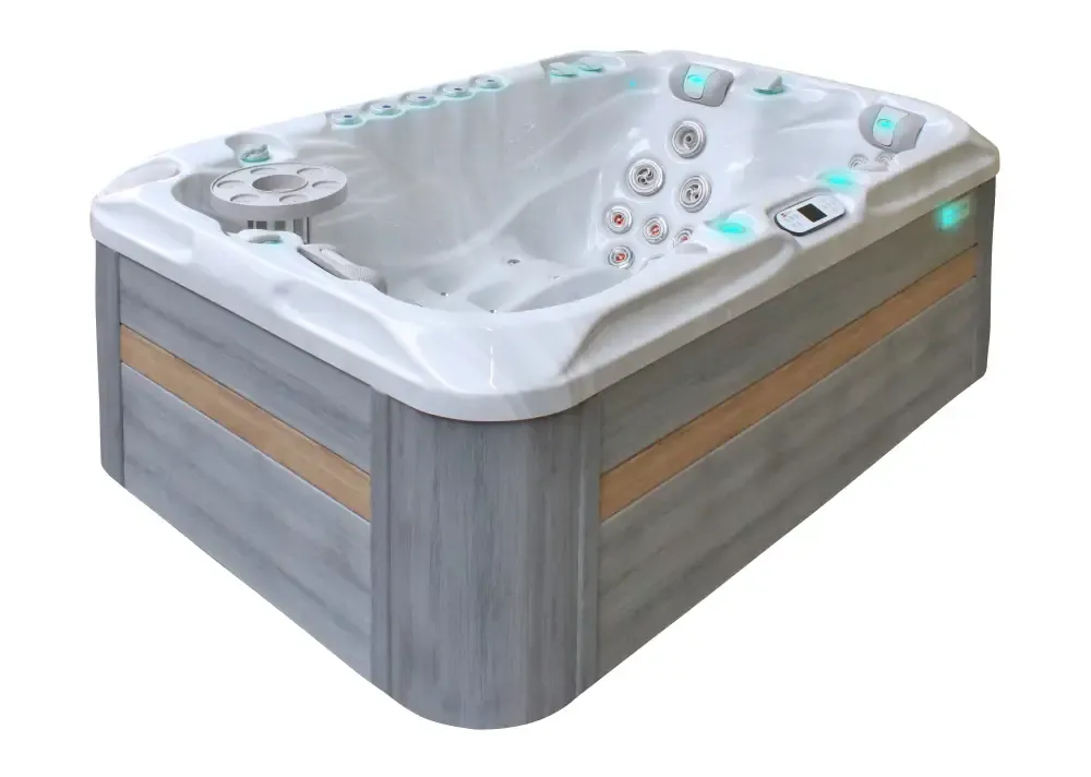 PassionSpa Sensation Spabad med grå träfinish, vit insida, turkos LED-belysning och jetkontroller