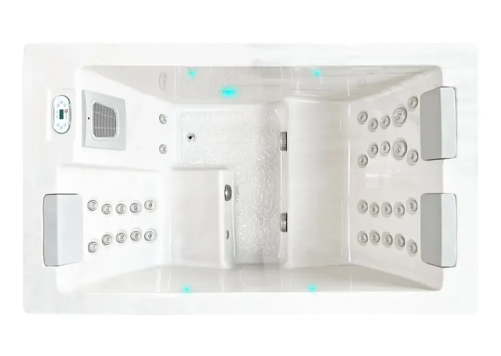 Vit PassionSpa Serene 3 Spabad – vit rektangulärt spabad med jetstrålar, panel och blå belysning