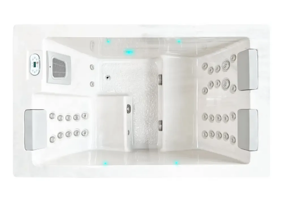 Vit PassionSpa Serene 3 Spabad – vit rektangulärt spabad med jetstrålar, panel och blå belysning