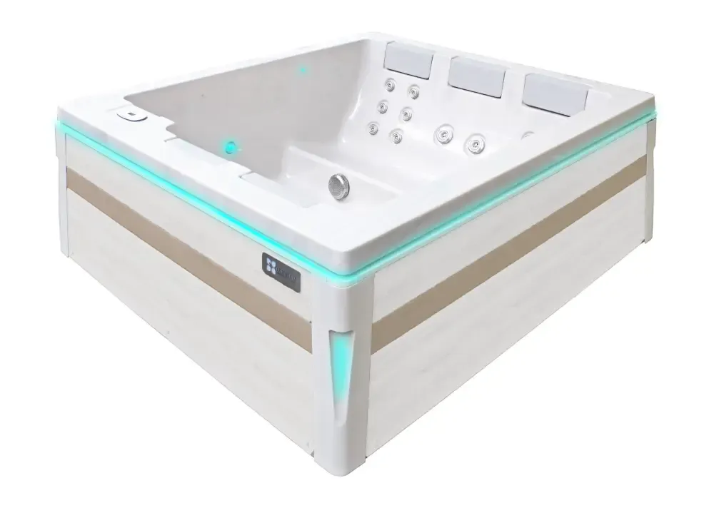 PassionSpa Serene 5 spabad i vitt och beige med turkosa LED-ljus