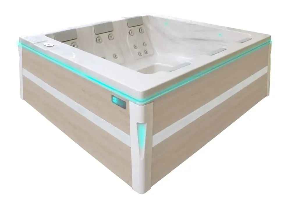PassionSpa Serene 6 modern rektangulärt spabad med ljus träpanel, vit interiör och turkos LED-belysning
