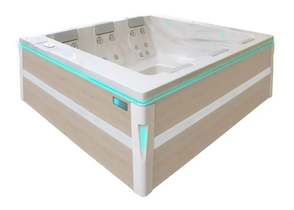 PassionSpa Serene 6 modern rektangulärt spabad med ljus träpanel, vit interiör och turkos LED-belysning