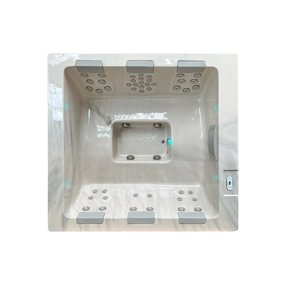 Modern vit marmormönstrad PassionSpa Serene 6 spabad med jetmunstycken och panel