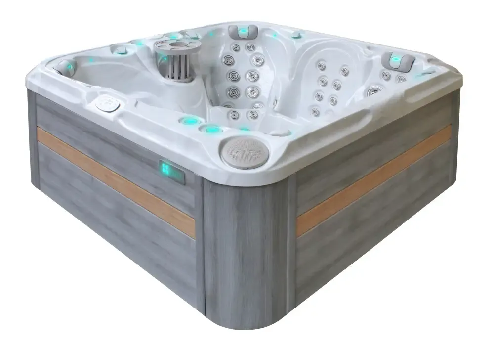 PassionSpa Solace Spabad med grå trätextur och turkosa LED-ljus
