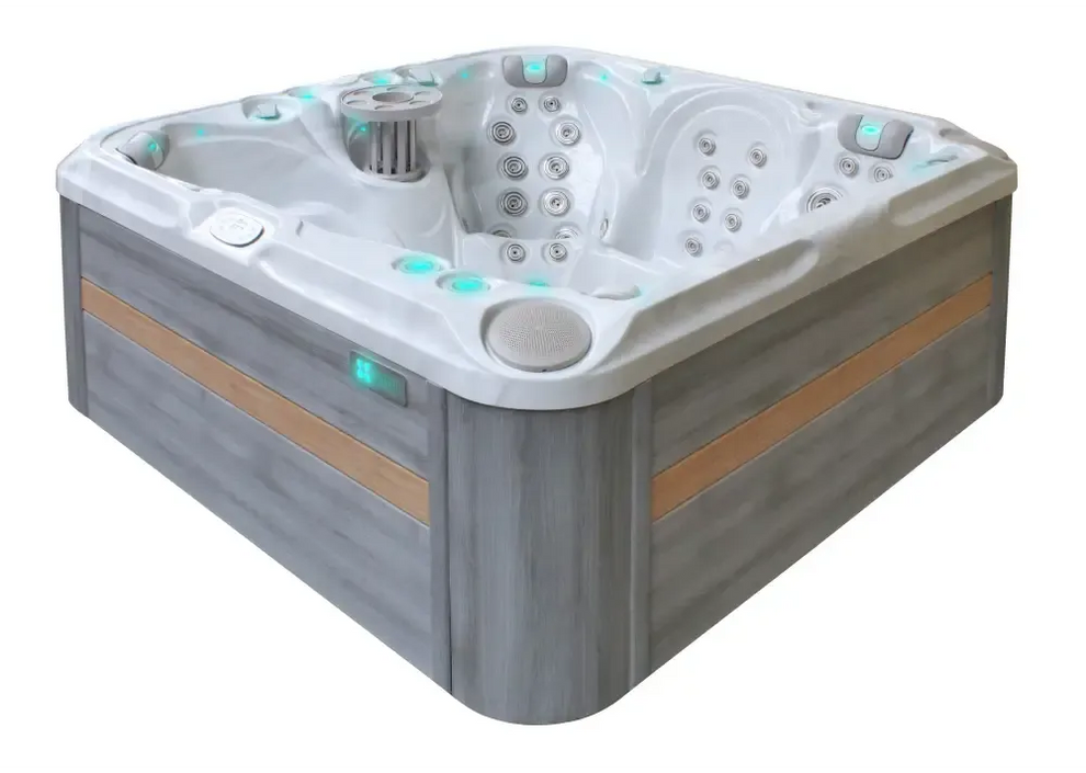 PassionSpa Solace Spabad med grå trätextur och turkosa LED-ljus