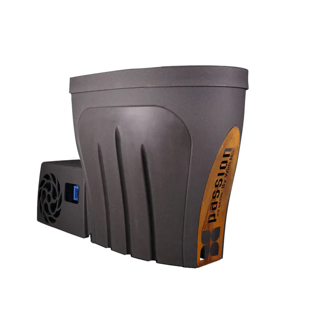 Dark gray plastic ice bucket with a ribbed design and an orange passion label from passionspa wim hof ice revive collection