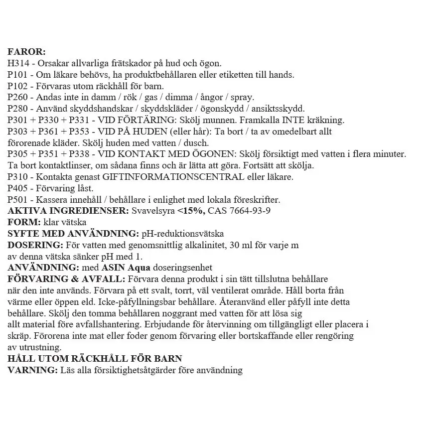 PH-minus flytande 20L faror etikett för pool med syrareducerande lösning