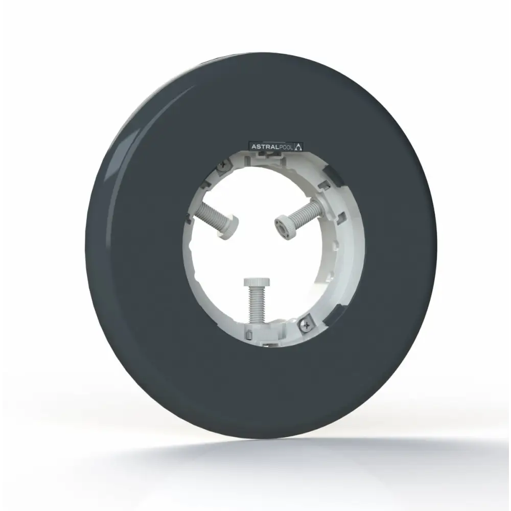 Mörkgrå cirkulär poolkoppning för Lumiplus Flexi LED-poollampa med vit ram och silver skruvar