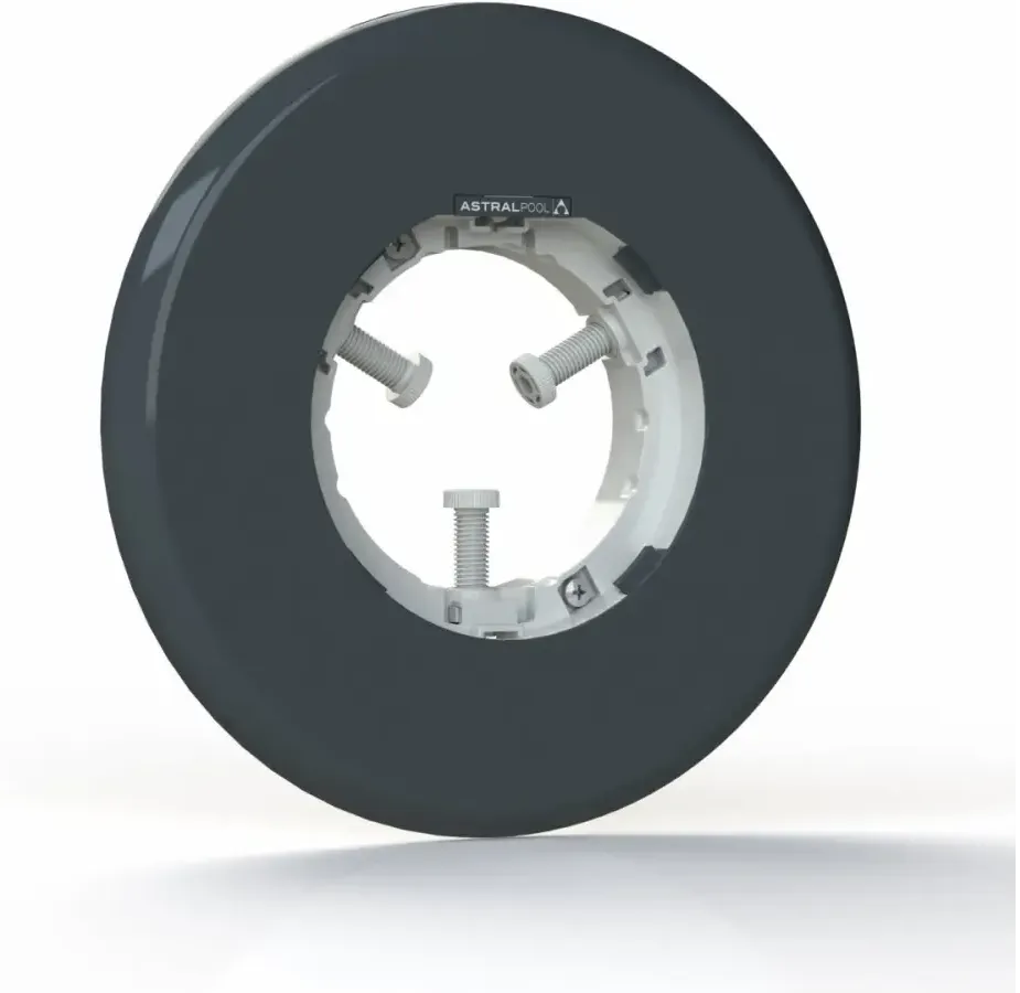 Mörkgrå cirkulär poolkoppning för Lumiplus Flexi LED-poollampa med vit ram och silver skruvar