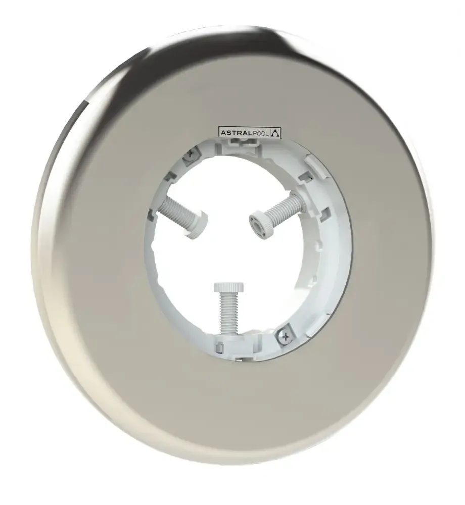 Kromfinishad cirkulär poollampa Lumiplus Flexi med vit plast och skruvar