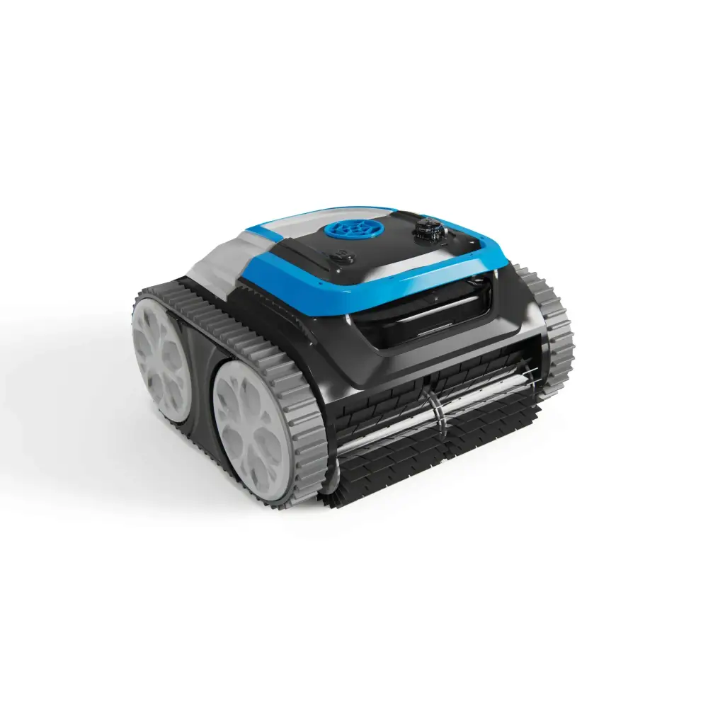 Trådlös Hayward iPower Shark poolrobot i blått och svart med grå band och hjul