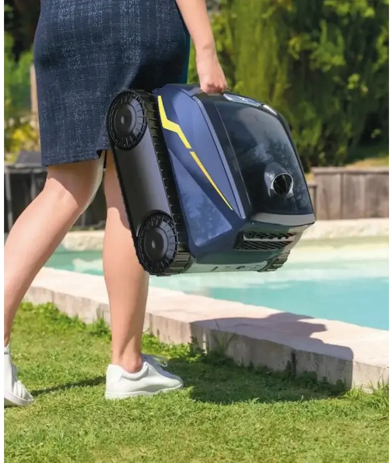 Blå och gul Poolrobot Zodiac Freerider med trådlös frihet och svarta gummilarver
