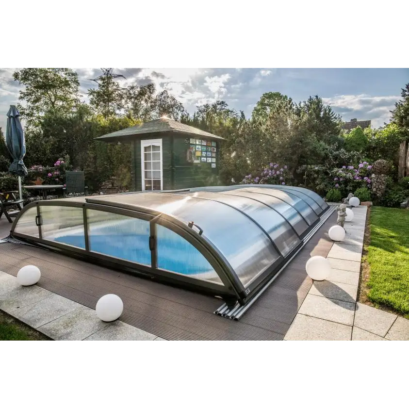 Kurvig transparent glas Pooltak Dallas 3x6 med svart ram och handtag