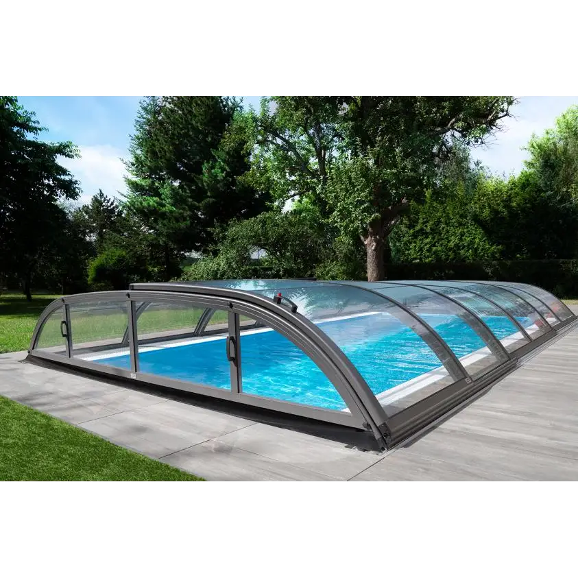 Pooltak Dallas 3×6 med grå ram, böjd klar kanalplast och skjutdörrar