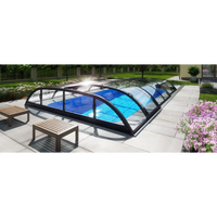 Pooltak Dallas 4x8 svart ramad valvigt glasöverdrag över blå pool